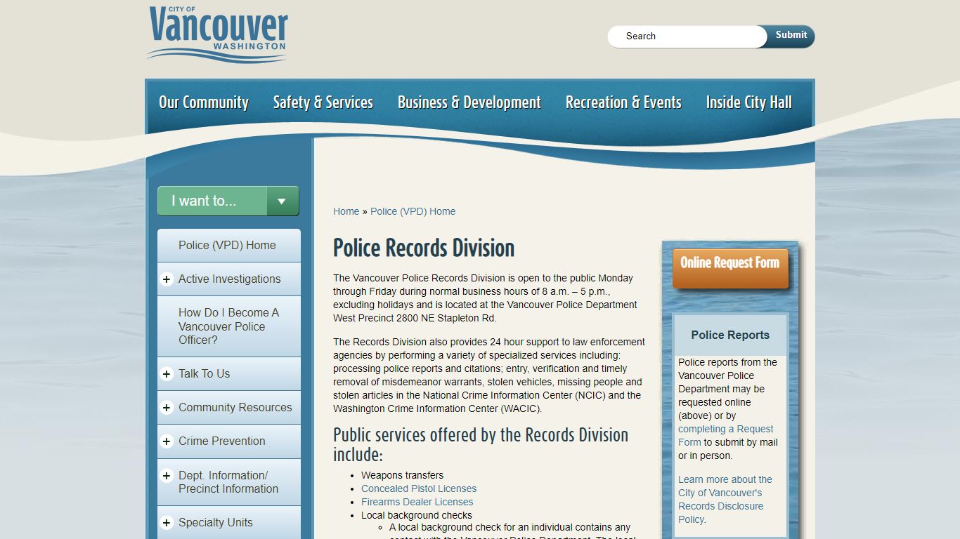 Police Records Division | City of Vancouver, Washington, USA